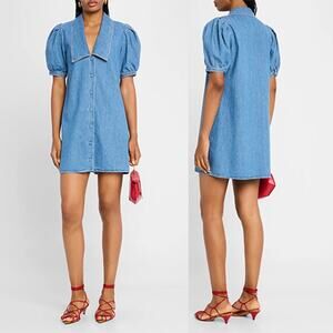 NEW Frame Denim Sailor V-Neckline Puff Sleeve Shift Mini Dress Blue Size: Medium